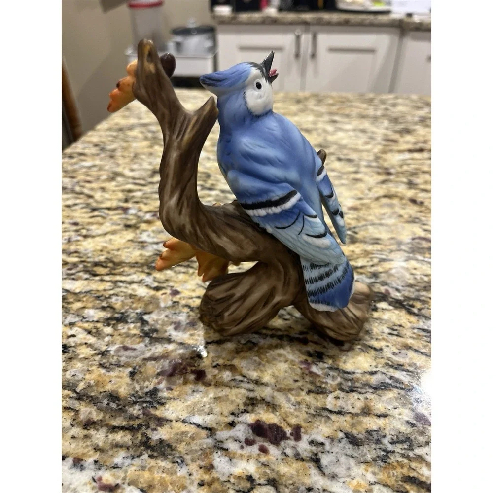 Porcelain Blue Jay Figurine on Branch Autumn Oak Leaves Acorns Autumn 6